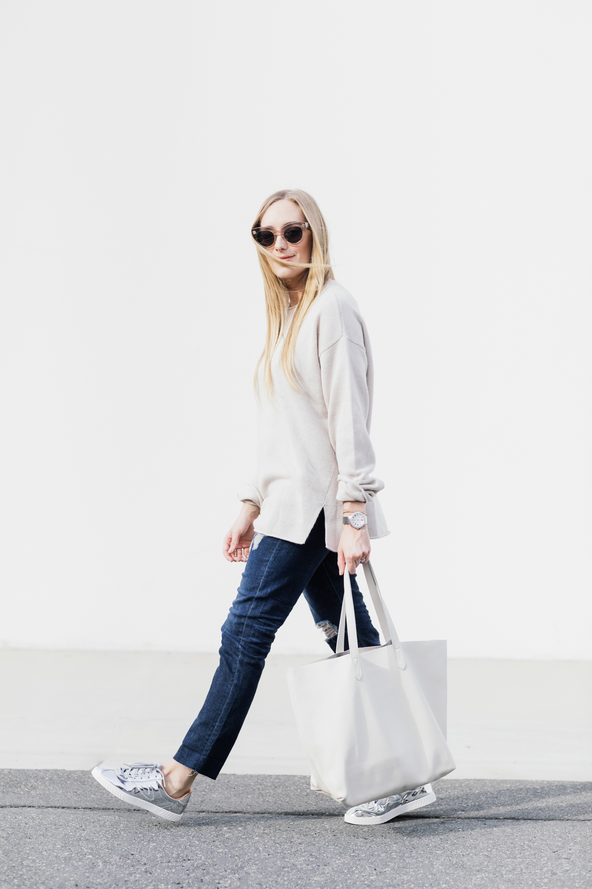 eatsleepwear, Kimberly Lapides, OUTFIT, AG jeans, Theory, Tretorn, Cuyana, Celine, Michelle Watches