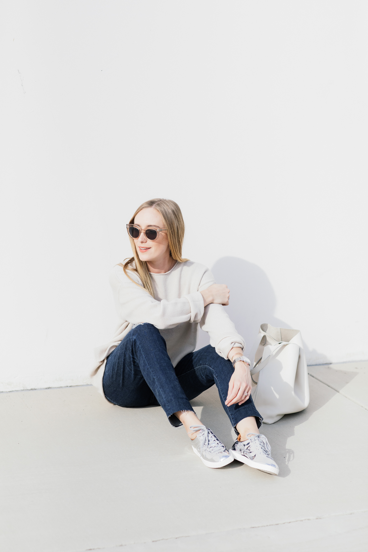 eatsleepwear, Kimberly Lapides, OUTFIT, AG jeans, Theory, Tretorn, Cuyana, Celine, Michelle Watches