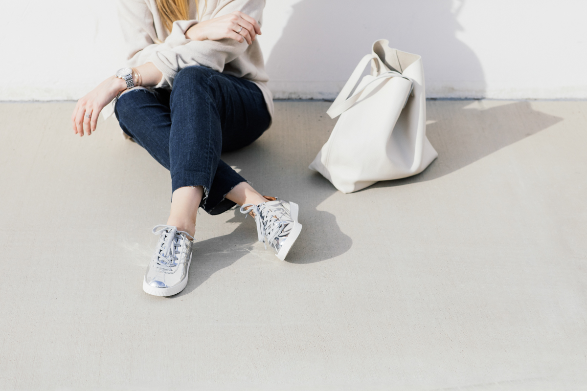 eatsleepwear, Kimberly Lapides, OUTFIT, AG jeans, Theory, Tretorn, Cuyana, Celine, Michelle Watches