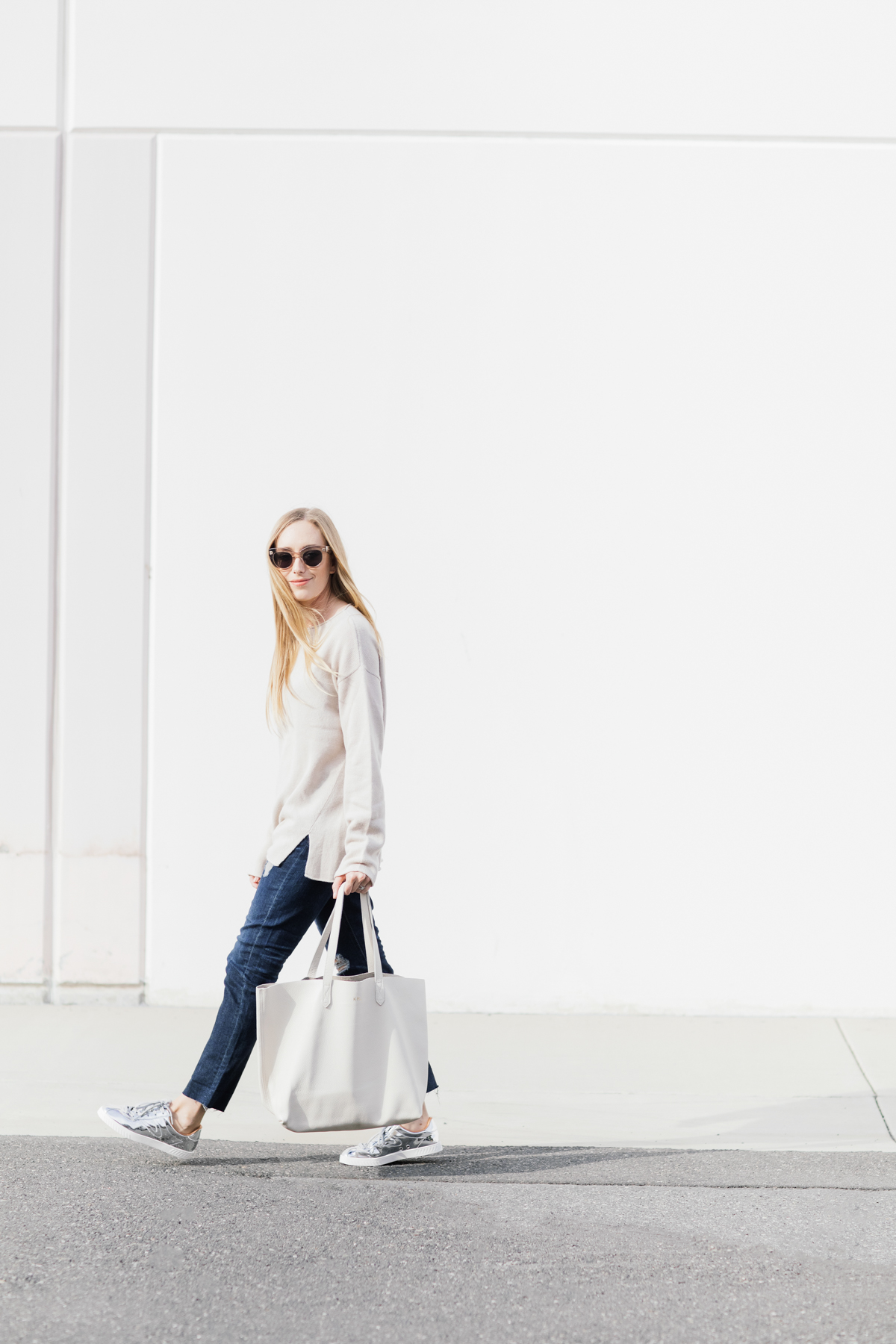 eatsleepwear, Kimberly Lapides, OUTFIT, AG jeans, Theory, Tretorn, Cuyana, Celine, Michelle Watches