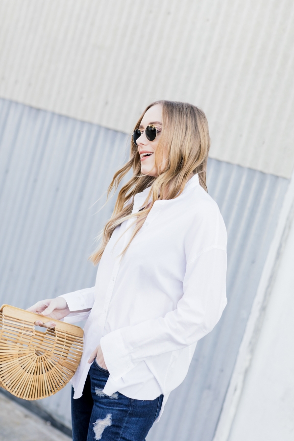 eatsleepwear, Kimberly Lapides, OUTFIT, Vince, Ag jeans, Cult Gaia, Rayban, Clergerie