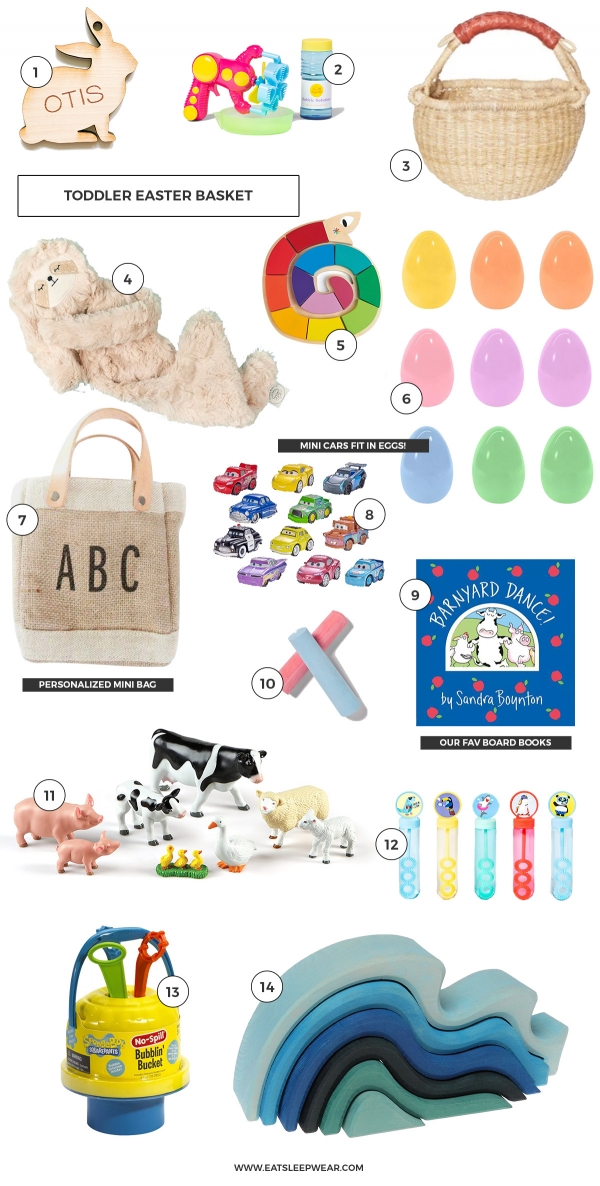 Toddler Easter Basket Essentials created by Kimberly Lapides of Eatsleepwear featuring bubbles, sidewalk chalk, sandra boynton books, slumberkins, the little market and poppyjack shop.