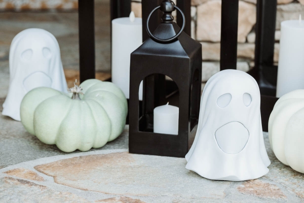 Fall & Halloween Decor For Patio & Yard with Lanterns, faux pumpkins, crow wreath and LED ghosts