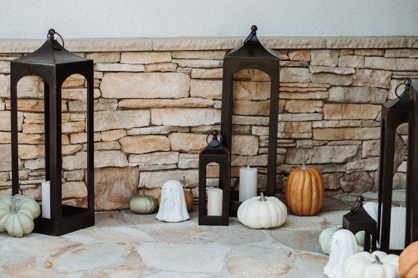 Fall & Halloween Decor For Patio & Yard with Lanterns, faux pumpkins, crow wreath and LED ghosts