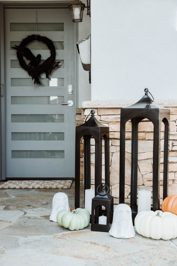 Fall & Halloween Decor For Patio & Yard with Lanterns, faux pumpkins, crow wreath and LED ghosts