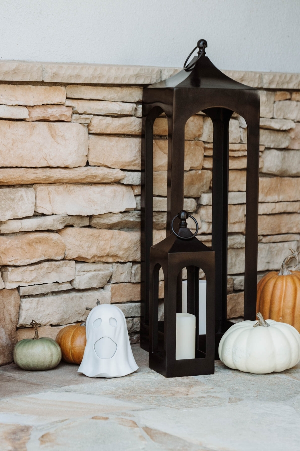 Fall & Halloween Decor For Patio & Yard with Lanterns, faux pumpkins, crow wreath and LED ghosts