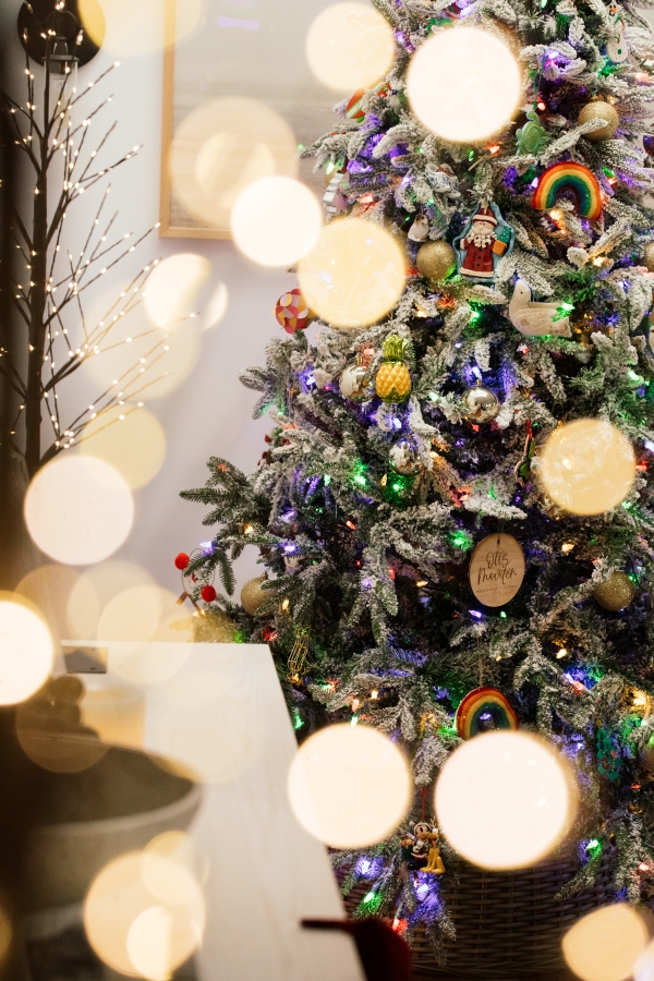 Indoor Holiday decor of twinkle lights tree and lit Christmas tree