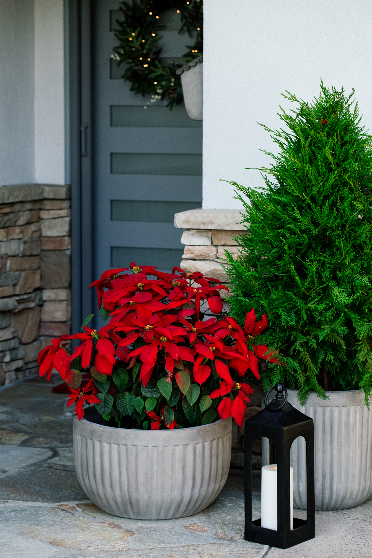 Outside Holiday Decor of wreath, garland and planted poinsettias 